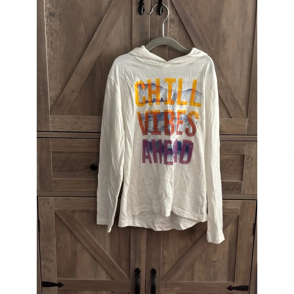 Old Navy Kids White Chill Vibes Ahead Graphic Hooded Long Sleeve Tee Shirt M 8